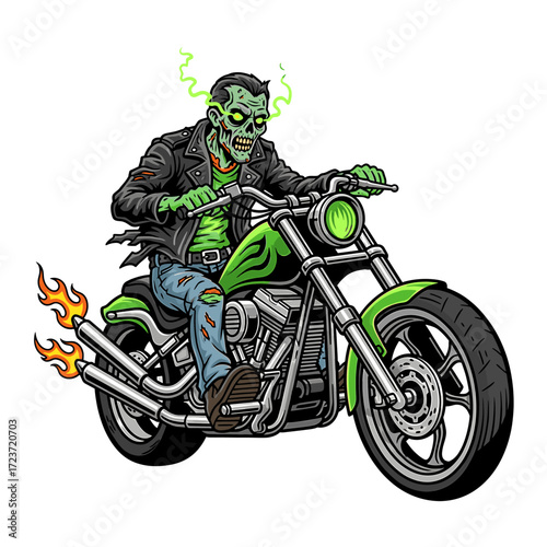 A green-skinned zombie biker rides a flaming chopper motorcycle.