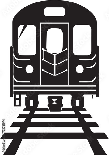 Front view of a subway train on tracks, isolated on white background