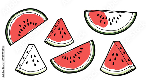 Sliced watermelon fruit illustrations, ripe summer bounty, refreshing and sweet