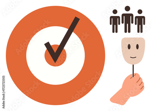 Large orange target with a checkmark, group of people, and a hand holding a happy face mask. Ideal for teamwork, goal setting, authenticity, decision making, success, inclusivity simple flat