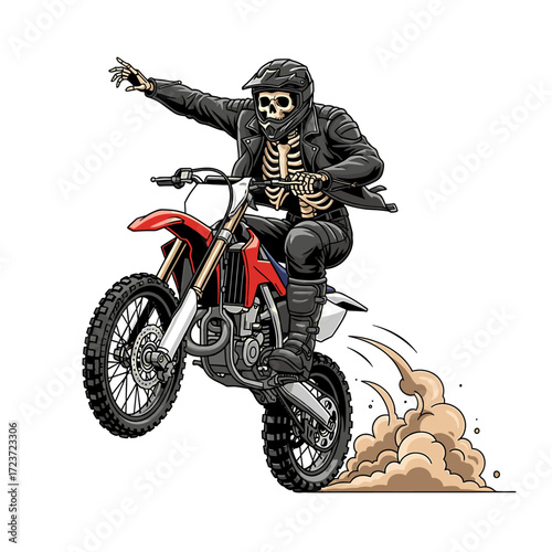 A skeleton biker in a helmet and leather jacket is riding a dirt bike.