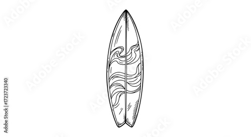 Surfboard illustration with decorative waves, black lines on white background.
