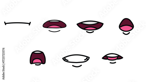 Lips Sync Set. Human lips Collection for lips Animation and synchronization. Sad, Smile, Angry, Laughing Mouth Vector Illustration.	
