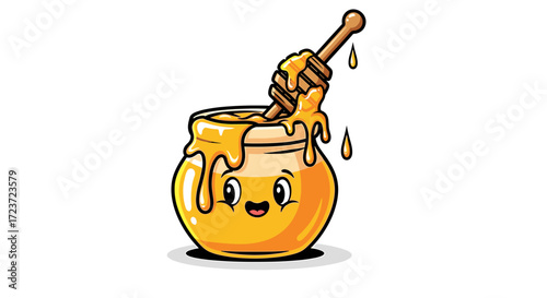 Cute Honey Pot Character with Wooden Dipper Dripping Sweet Honey