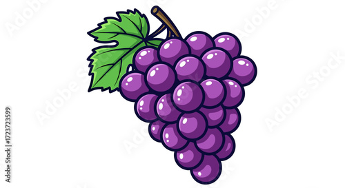Cartoon grape cluster with green leaf, fresh and juicy look