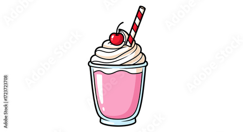 Pink milkshake with whipped cream and cherry on top