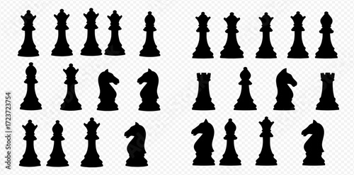 Silhouetted chess pieces are arranged in two groups on a transparent background.