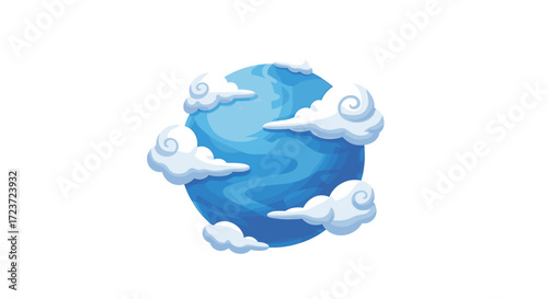 Whimsical Blue Planet Surrounded by Cartoonish White Clouds Isolated on White