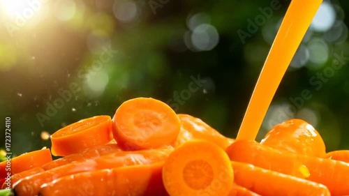 Fresh Carrot Juice Pouring Over Sliced Carrots
