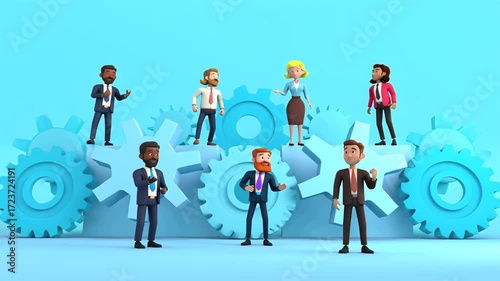 3D cartoon characters of business people and gears