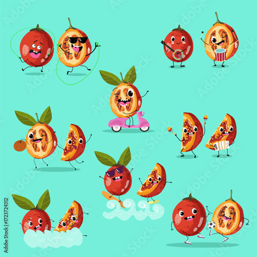 tamarillo or Solanum betaceum funny characters, hand drawn vector illustration.