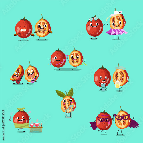 tamarillo or Solanum betaceum funny characters, hand drawn vector illustration.