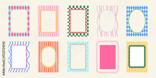 Set of whimsical frames. Trendy doodle borders with geometric patterns and curved shapes. Abstract design elements for invitations. Flat vector illustration collection.