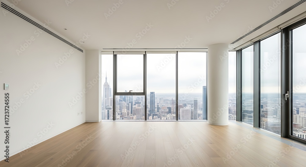 Fototapeta premium Empty modern apartment with panoramic city views and large windows