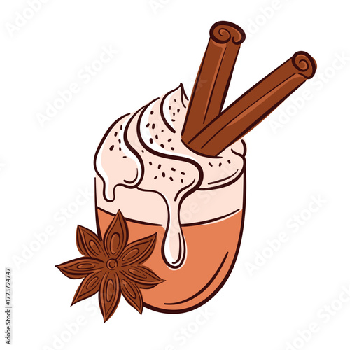 Illustration of a warm spiced drink with whipped cream, cinnamon sticks and star anise on a white background in flat style.