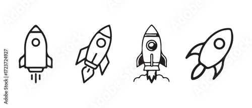 Rocket icon set, business start up symbol, rocket launching sign, minimalist black and white rocket icon,  Vector illustration EPS 10.