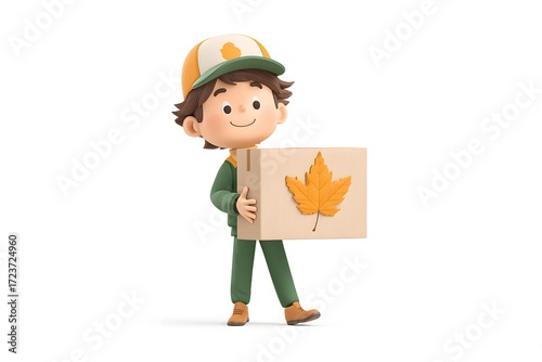 delivery courier holding a package with an autumn leaf sticker, cheerful seasonal service, 3d animation, isolated on a white background
