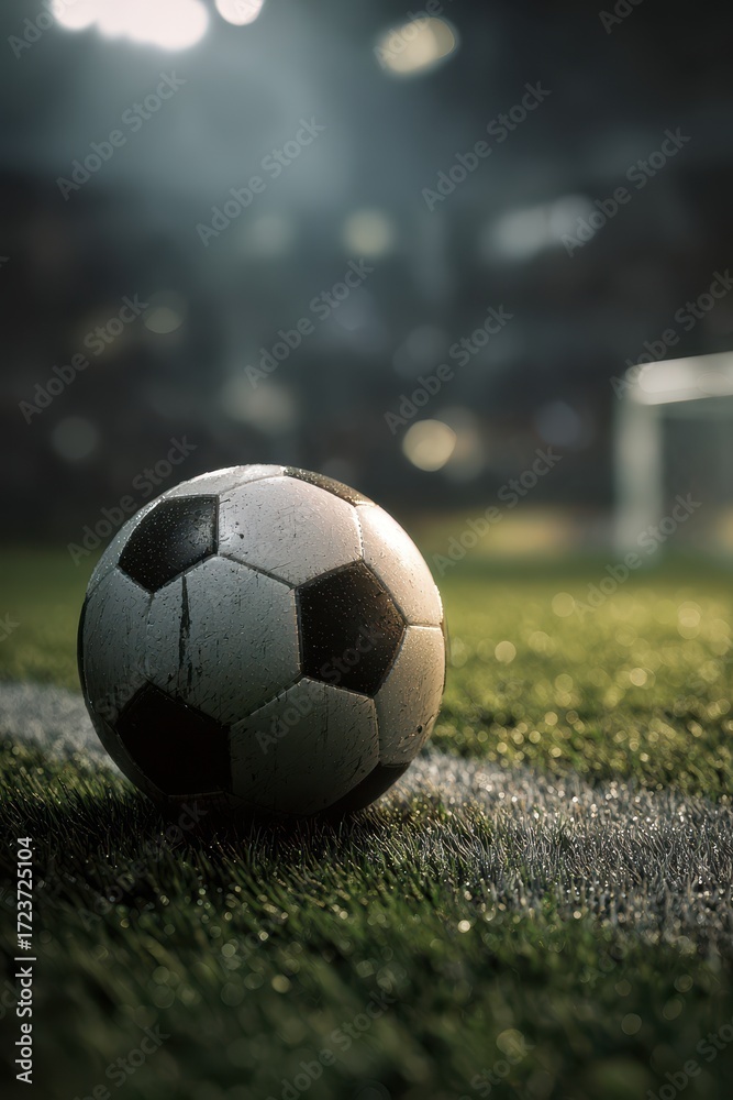 Obraz premium Iconic Soccer Ball on Grassy Pitch Line Under Bright Stadium Lights, Goal in Distance.