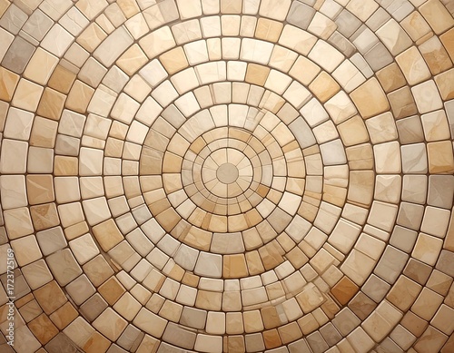Circular mosaic pattern of light beige and tan squares