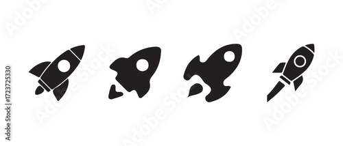 Rocket launching icon, black rocket ship icon, launch space travel business startup, rocket launch icon silhouette, vector illustration EPS 10.