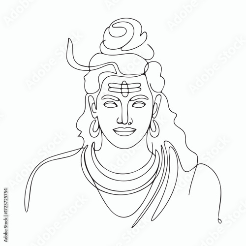 Continuous Simple black line art drawing of a lord shiva in a minimalist style on a white background.