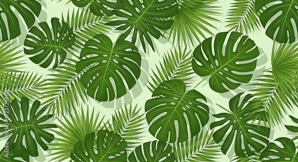 Lush green tropical Monstera and palm leaves seamless pattern. Lush green tropical Monstera and palm leaves seamless pattern.