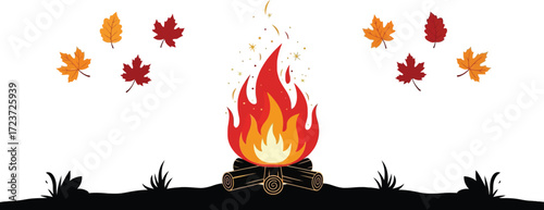 Autumnal Bonfire Scene with Vibrant Maple Leaves and Cozy Campfire Ambiance Created