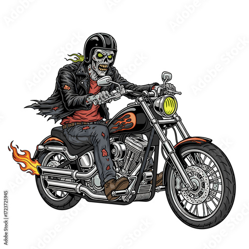 Zombie biker riding a motorcycle with flames coming from the exhaust, wearing a helmet and leather jacket.