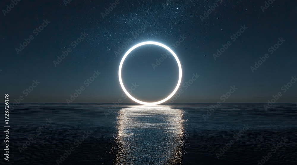 Obraz premium A luminous circle hovers over a dark sea, reflecting starlight