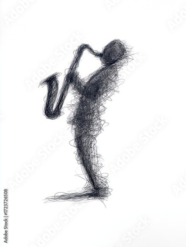 An artistic scribble illustration of a musician playing a saxophone on a white background.