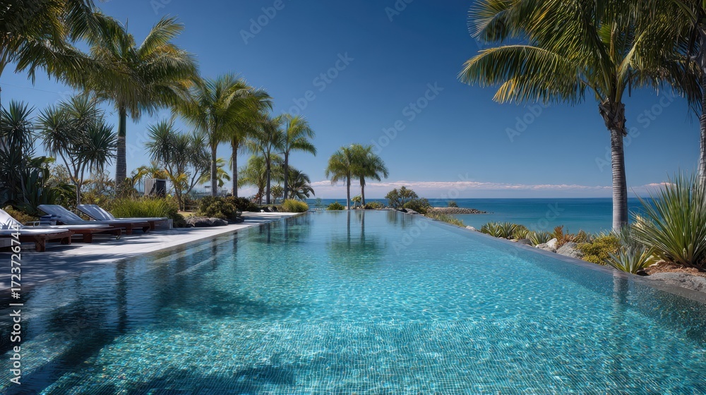 Fototapeta premium Serene poolside view by the ocean