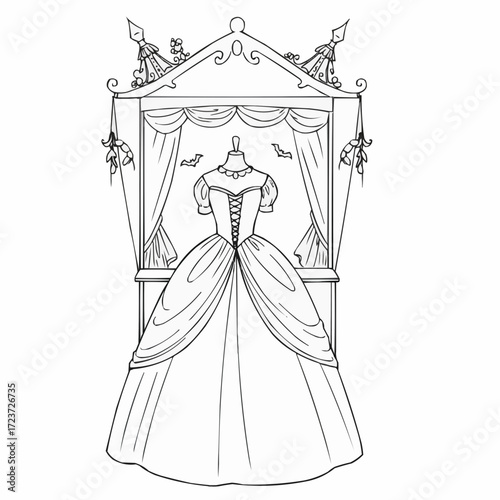 Elegant dress on mannequin displayed in ornate vintage showcase  