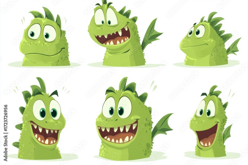 Obraz premium Animated Green Monster with Various Expressions on White Background