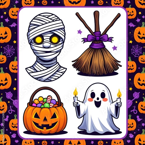 Halloween Sticker Sheet | Mummy, Witch Broom, Pumpkin Candy Bucket & Cute Ghost | Vector Style with White Borders