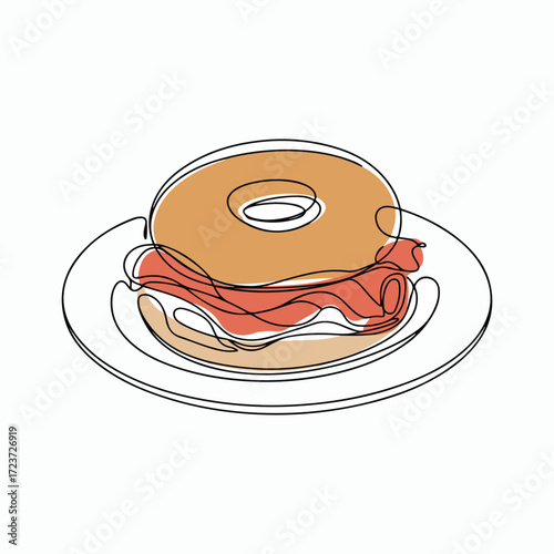 Continuous Simple black line art drawing of a bagel in a minimalist style on a white background.