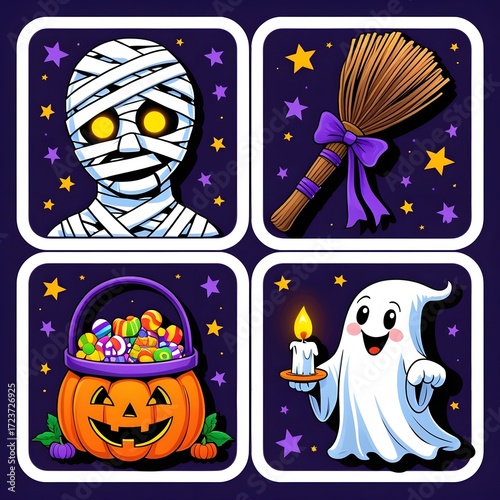 Halloween Sticker Sheet | Mummy, Witch Broom, Pumpkin Candy Bucket & Cute Ghost | Vector Style with White Borders