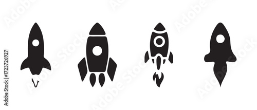 Rocket launching icon, black rocket ship icon, launch space travel business startup, rocket launch icon silhouette, vector illustration EPS 10.