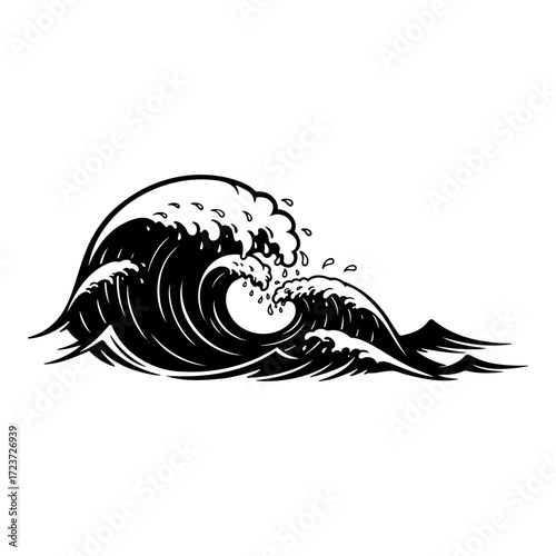Stylized illustration of colliding ocean waves with dynamic motion and splashes
