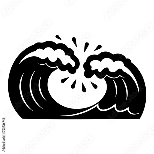 Stylized icon of colliding waves with splashes and dynamic motion in a bold graphic design