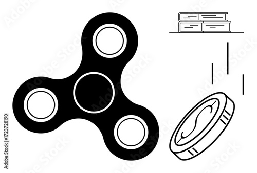 Fidget spinner, coin in mid-flip, and stacked books symbolize play, decision-making, and learning. Ideal for stress relief, focus, balance choices education simplicity abstract thinking. Minimal