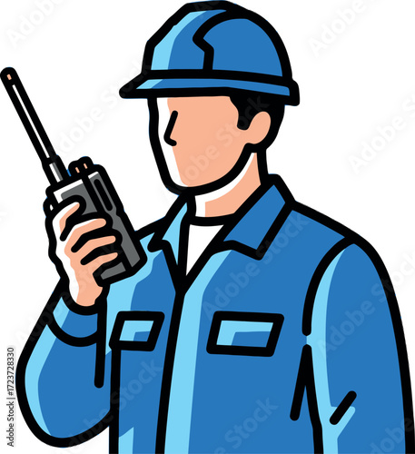 Professional construction worker with a walkie-talkie, illustration of a man in safety gear communicating on a radio