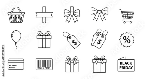 A collection of minimalist line art icons representing shopping, sales, and e-commerce themes.