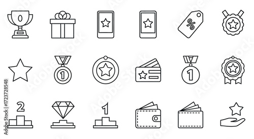Line art icons of rewards, gifts, and achievements.