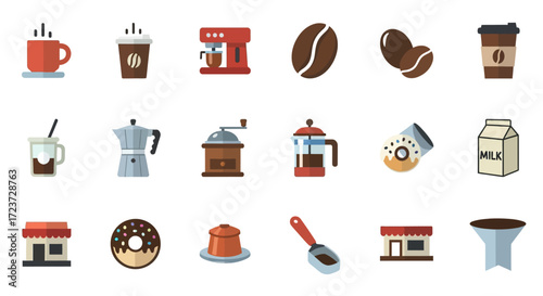 Coffee and cafe related icons in a flat design style, including beans, cups, and equipment.