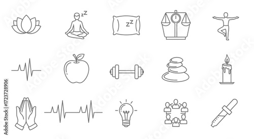 Collection of wellness and mindfulness related line icons.