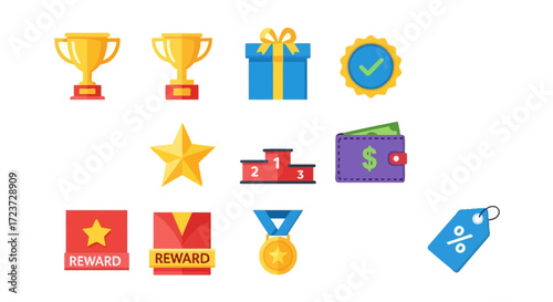 A collection of colorful flat icons representing rewards, prizes, and achievements for games or loyalty programs.
