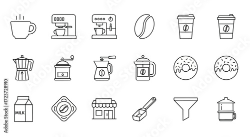 A collection of line art icons representing various coffee-related items and accessories, including cups, machines, beans, and pastries.