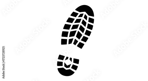 A single black shoe print or footprint showing a detailed sole pattern on a plain white background, isolated graphic.