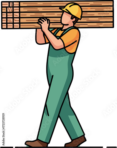 Illustration of a construction worker in a hard hat carrying a stack of wooden planks on his shoulder, isolated vector graphic