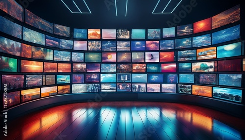 multiple television screens displaying various tv channels embodying the dynamic media concept ai generated